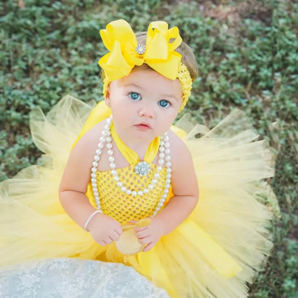 Cute Baby Yellow Tutu Dress Infant Girls Crochet Tulle Dress with Hairbow Set Newborn Birthday Party Costume Photography Dress