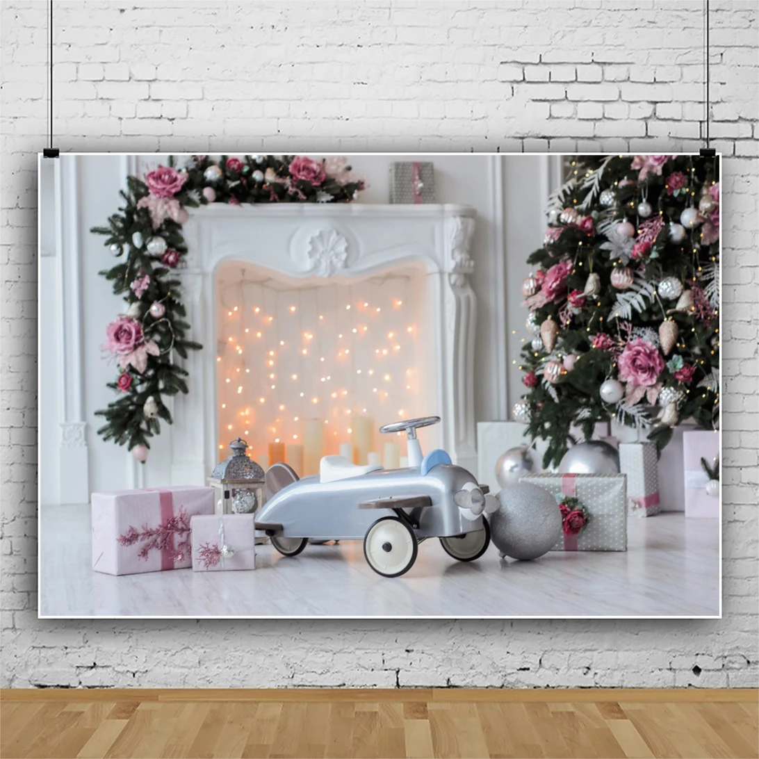 

Laeacco Christmas Tree White Fireplace Floor Lamp Pendant Interior Decor Family Photocall Photo Background Photographic Backdrop