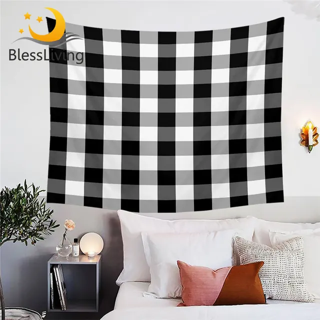 BlessLiving Tartan Tapestry Scottish Pattern Wall Hanging Chequered Decorative Wall Carpet Black White Bedspreads Tapisserie 1