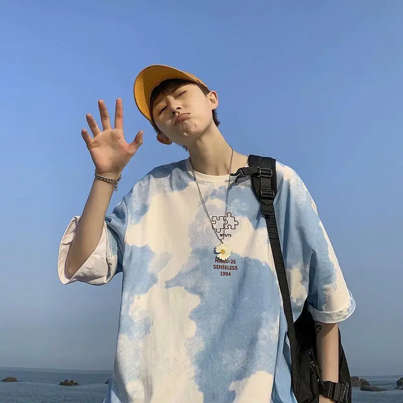 

Tie Dye Men T Shirt Short Sleeve Round Neck Oversized Korean Fashion Harajuku Streetwear Hip Pop Vintage Couple Clothing Love