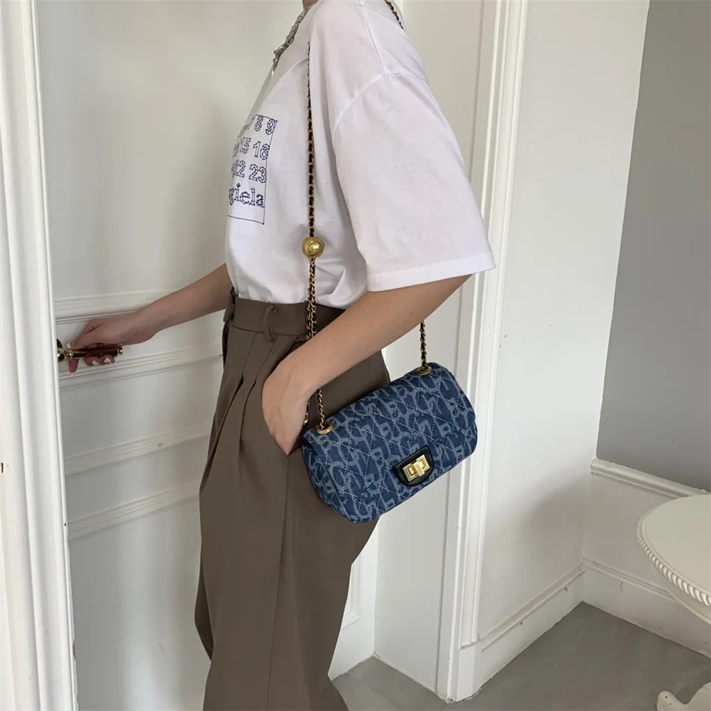 

Denim Golden Ball Shoulder Messenger Handbags 2020 New Fashion Diamond Lattice Chain Bag Canvas Small Square Bags Women Handbags