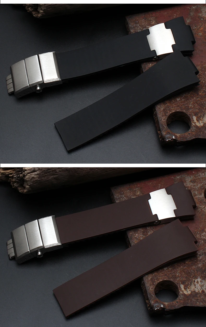 CARLYWET 25mm x 12mm(20mm buckle)Black Brown White Silicone Rubber Watch Band Strap Silver Buckle Clasp For Ulysse Nardin