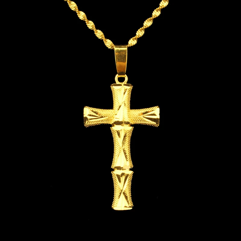 

Carved Bamboo Cross Pendant Necklace Gold Color Newest Mens Womens Necklace Christian Accessories Gift