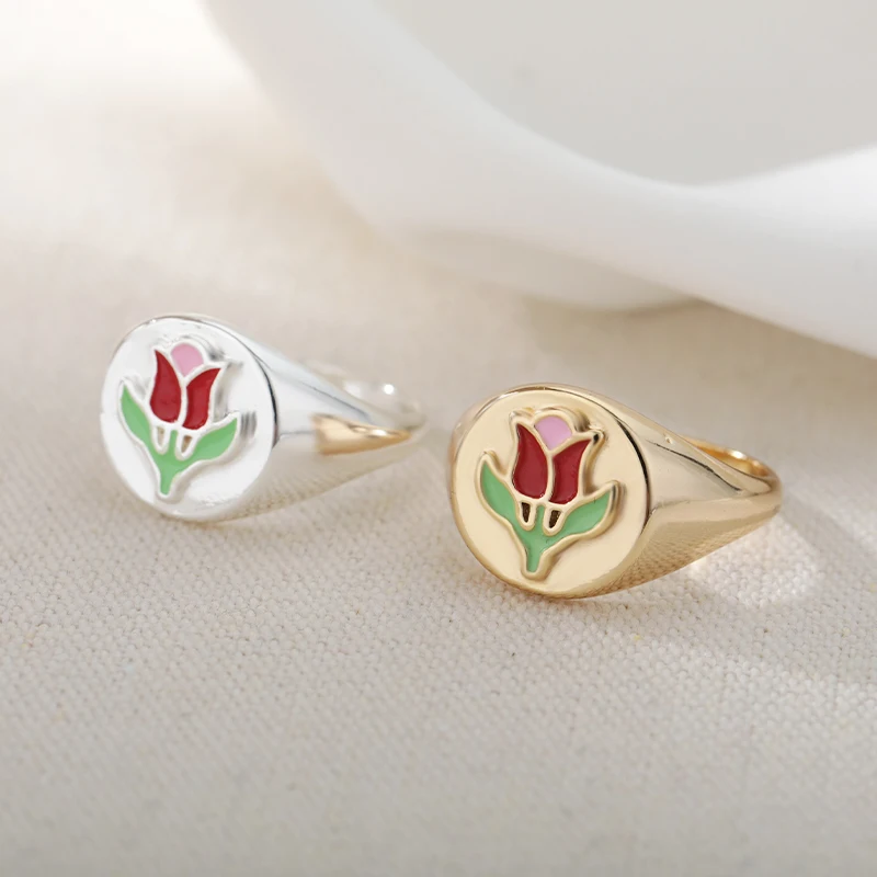 

Fashion Tulip Rings For Women Gold Silver Color Korean Cute Flower Ring Colorful Jewelry Girls Engagement Party Accessories Gift