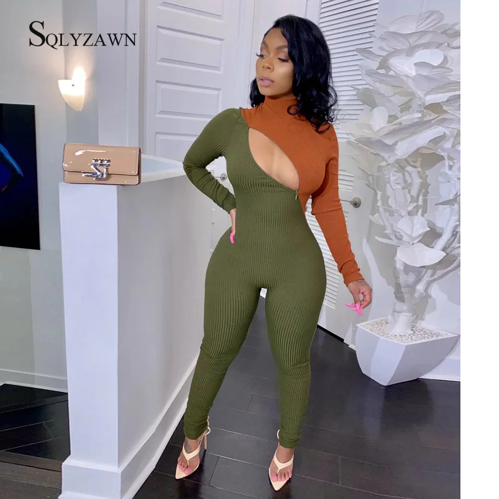 Вязаный Облегающий комбинезон для женщин Осенний хит цвет грудь молния длинный