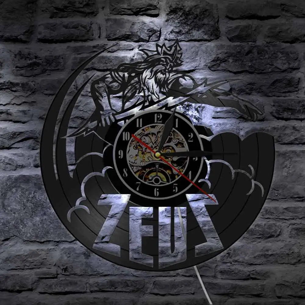 Vintage Zeus Myth Vinyl Record Wall Clock Supreme God of Ancient Greeks Wall Art Laser Cut Wall Light Kids Room Nursery Decor
