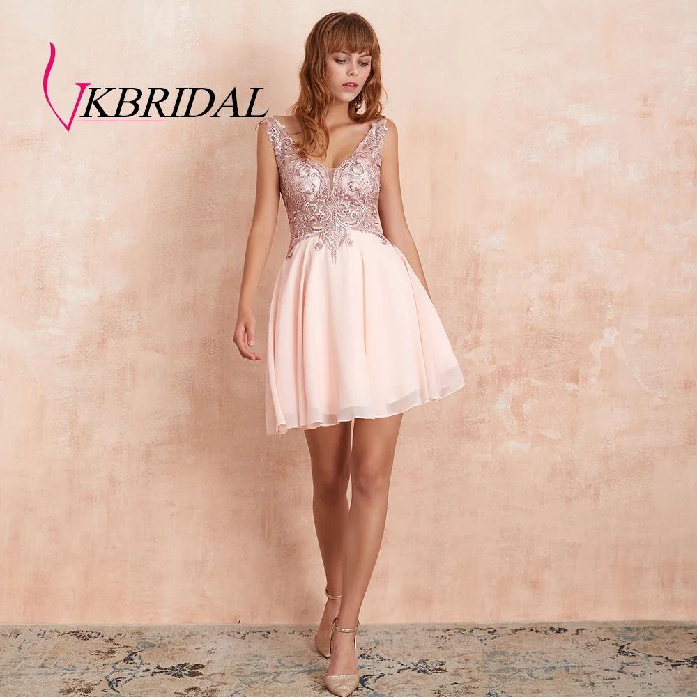 VKBRIDAL Sexy Backless Homecoming Dresses Short 2019 V- Neck Chiffon Lace Beaded Pearls Pink Prom Party Gowns | Свадьбы и торжества