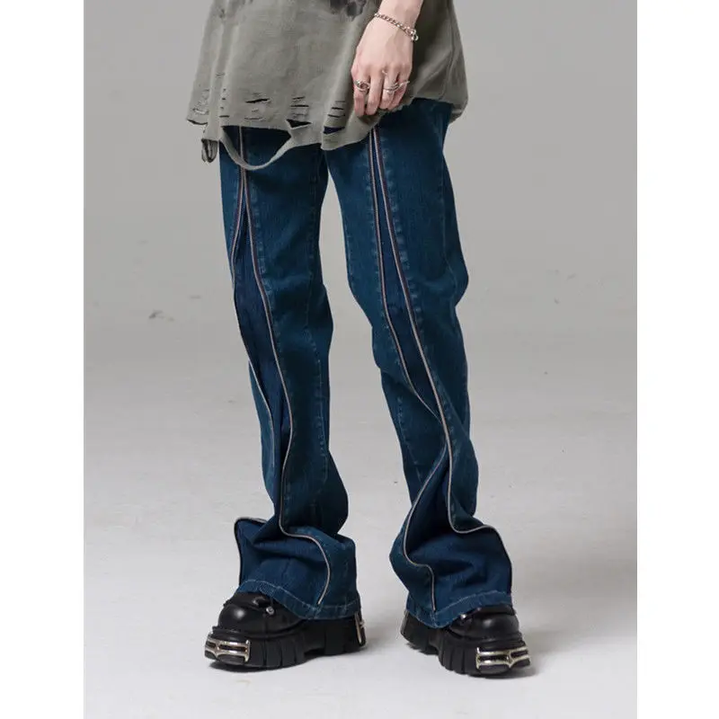 Vintage Jeans Men Stripe Zipper Horn High Street Vibe Retro Hiphop Men Jeans Trousers Hip Hop Wash Elastic Patchwork Jeans Women