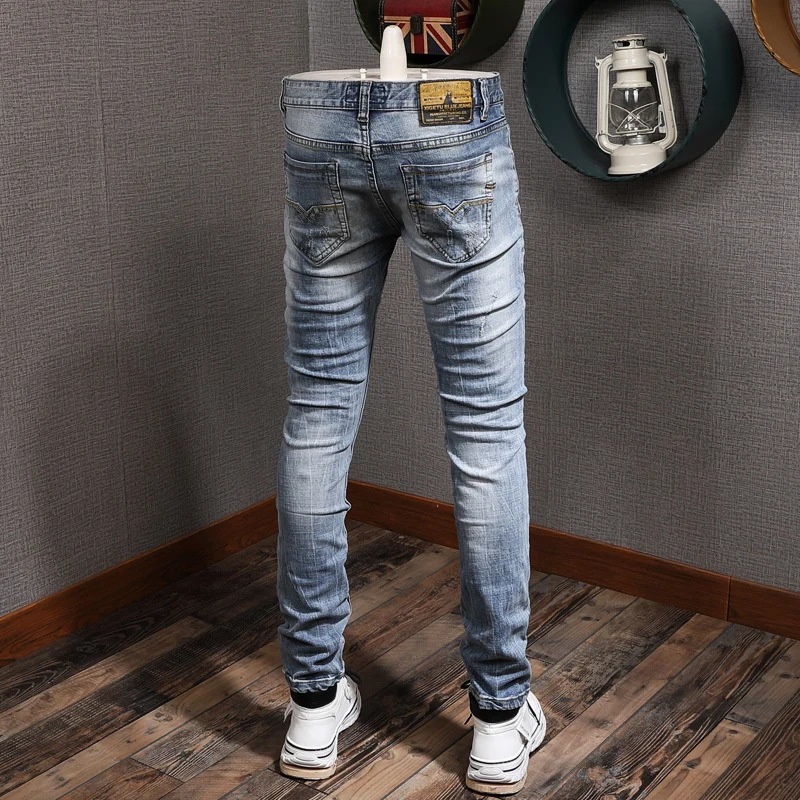 European American Vintage Fashion Men Jeans Retro Light Blue Elastic Slim Fit Ripped Jeans Men Patchwork Designer Denim Pants