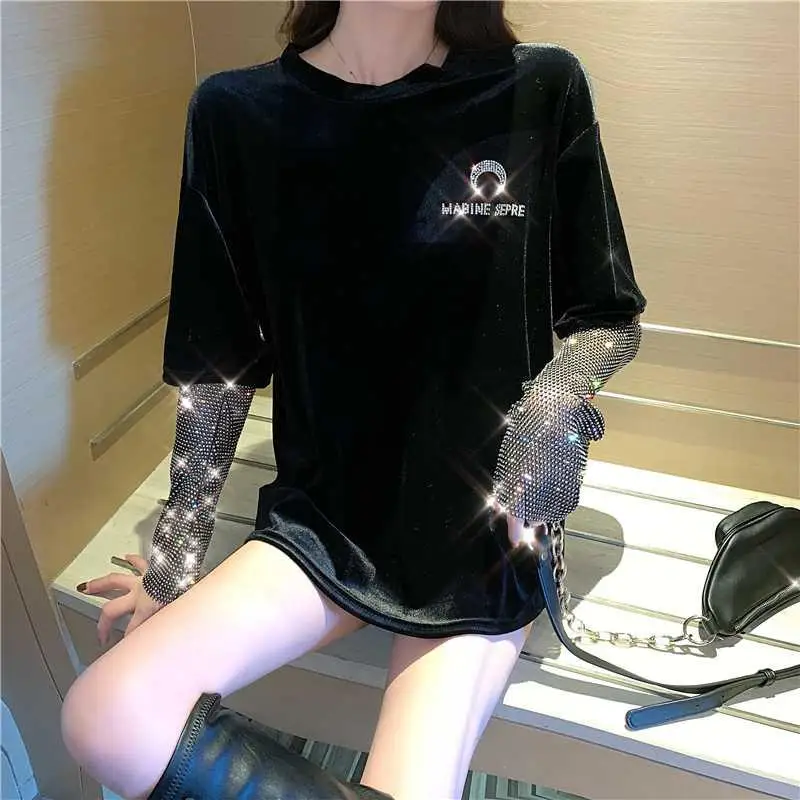 

Heavy Work Sequined Patchwork Long Sleeve T Shirt O Neck Casual Autumn Spring New 2020 Character Pattern Ladies Top