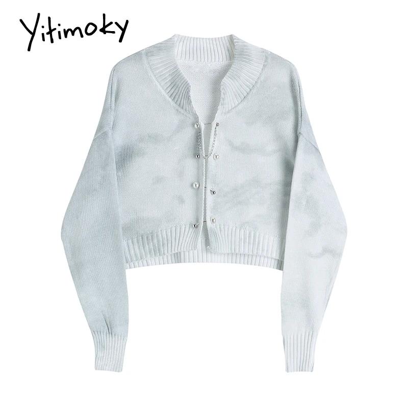 

Вязаный кардиган Yitimoky, короткий свитер в Корейском стиле с V-образным вырезом и жемчужинами, Осень-зима 2021