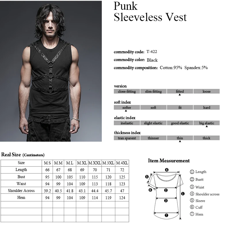 

PUNK RAVE Punk Black Sleeveless Handsome Stripe Soft fabric Casual Tops Men Rivet Shoulder Chest Circling Across Iron Rings Vest