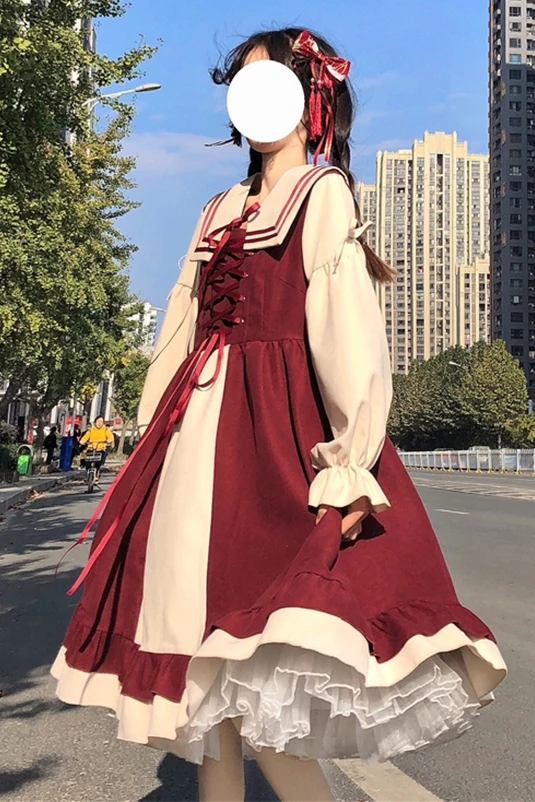 

Moko Japanese Style kawaii clothing sweet lolita dress Sailor Collar Lacing Mid-Length Retro Dress for Women Autumn and Winter