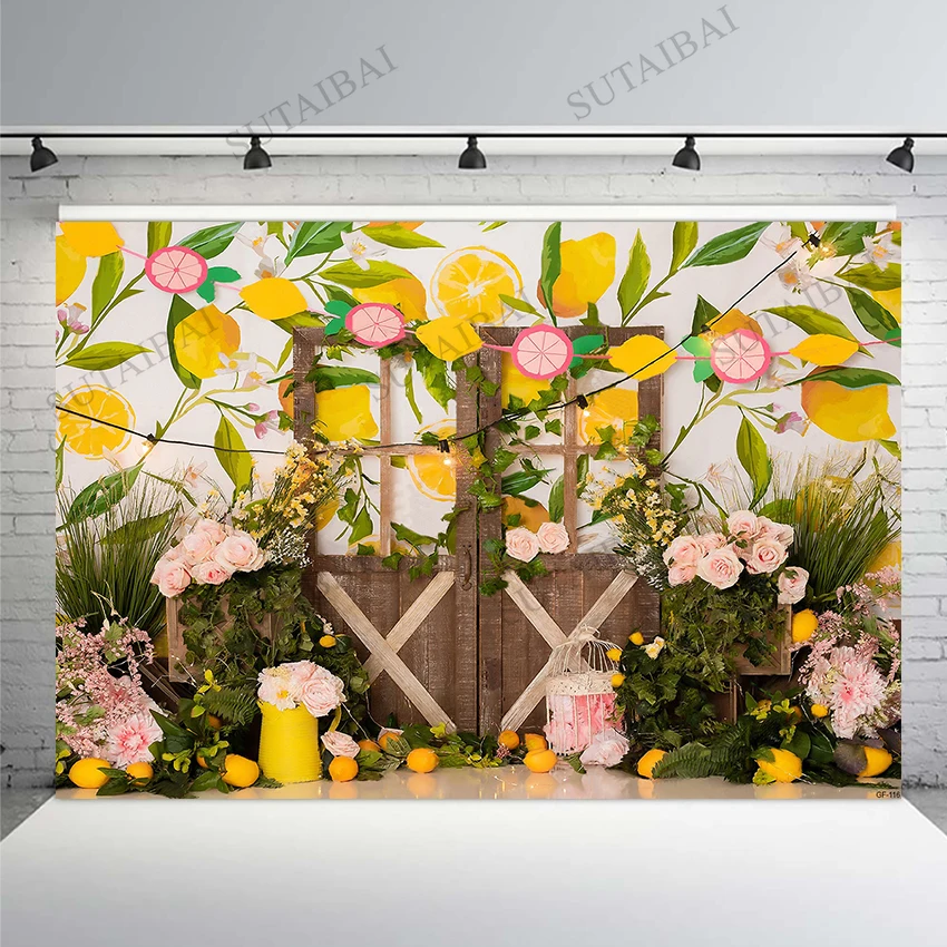 

Фон для фотографирования новорожденных с изображением лимона фруктов вечерние дня рождения деревянные двери цветы