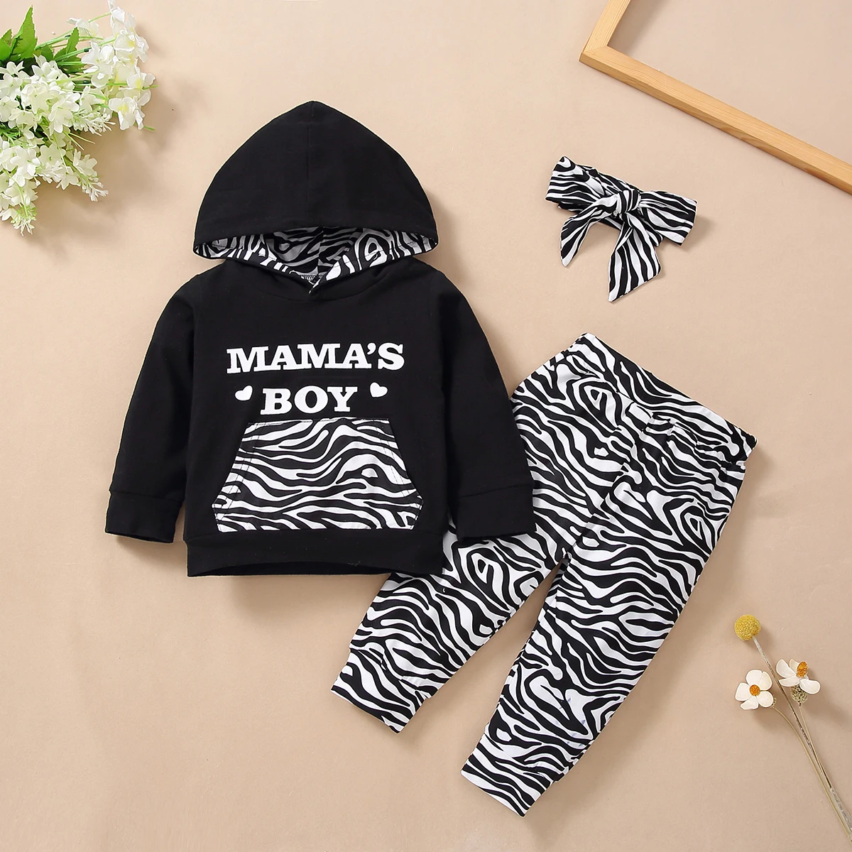 

Baby Boy’s Long-sleeved Trousers Suit Unique Letter Print Hooded T-shirt Zebra Pattern Elastic Long Pants and Headband ropa bebe