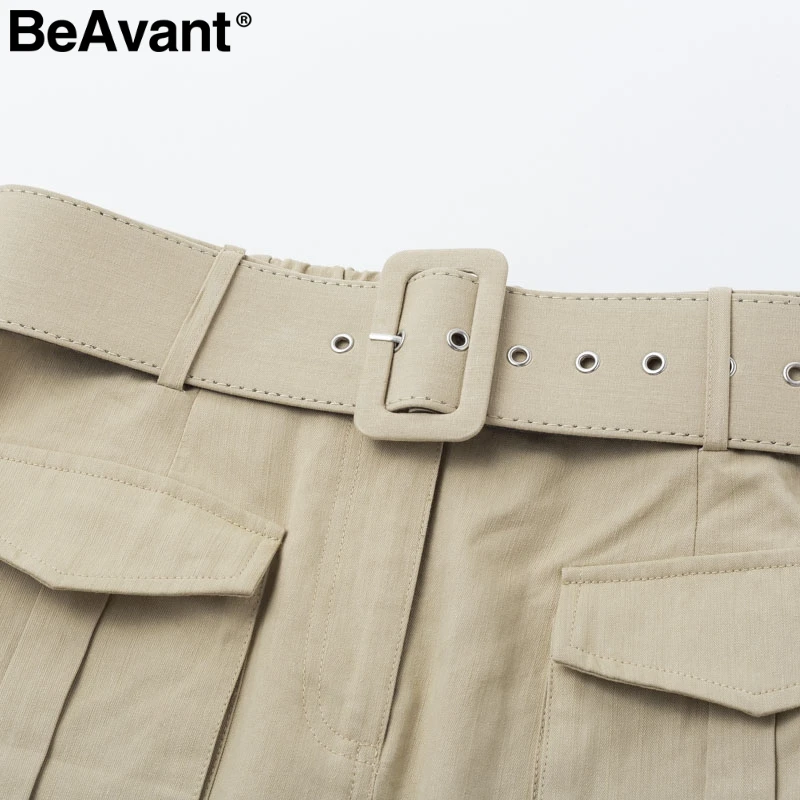 BeAvant Повседневная Хлопковая женская короткая юбка с поясом, модная Осенняя женская короткая юбка с высокой талией и карманами