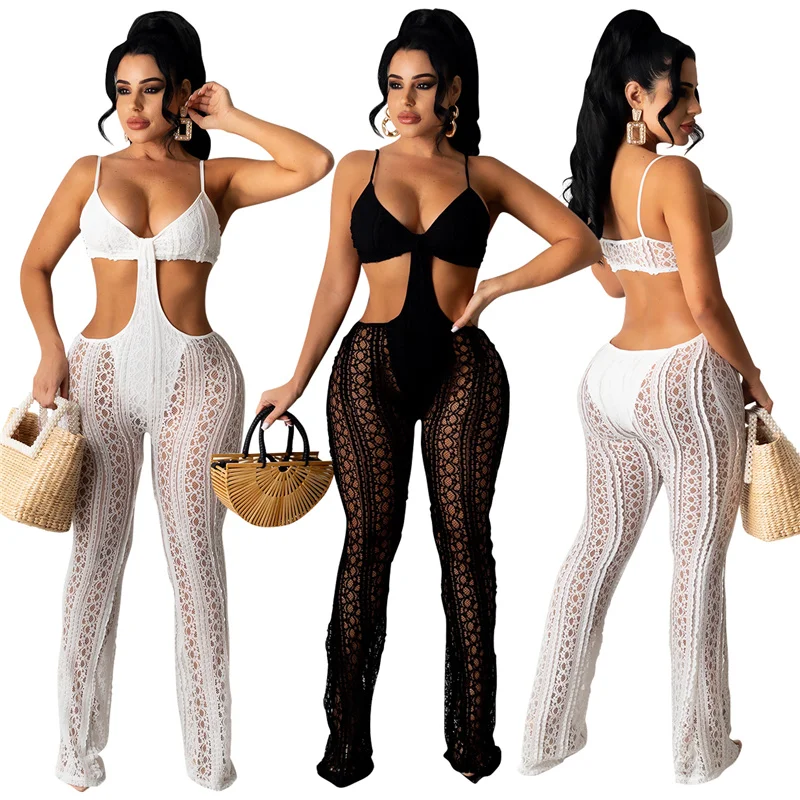 

Adogirl Women Sexy See Through Hollow Out Lace Jumpsuit Spaghetti Straps Bra Top Connecting Straight Pants Beach Romper Overalls