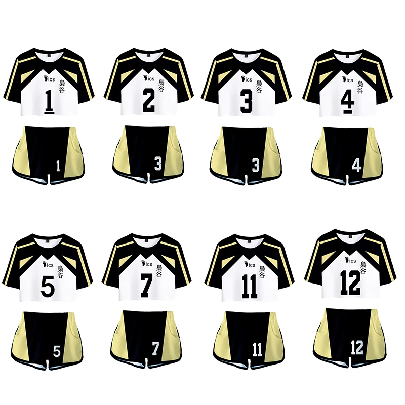 

Haikyuu Cheerleading Uniform Anime Cosplay Costume Thin Summer Short Sleeve Shorts Exposed Navel Cool T-shirt For Women