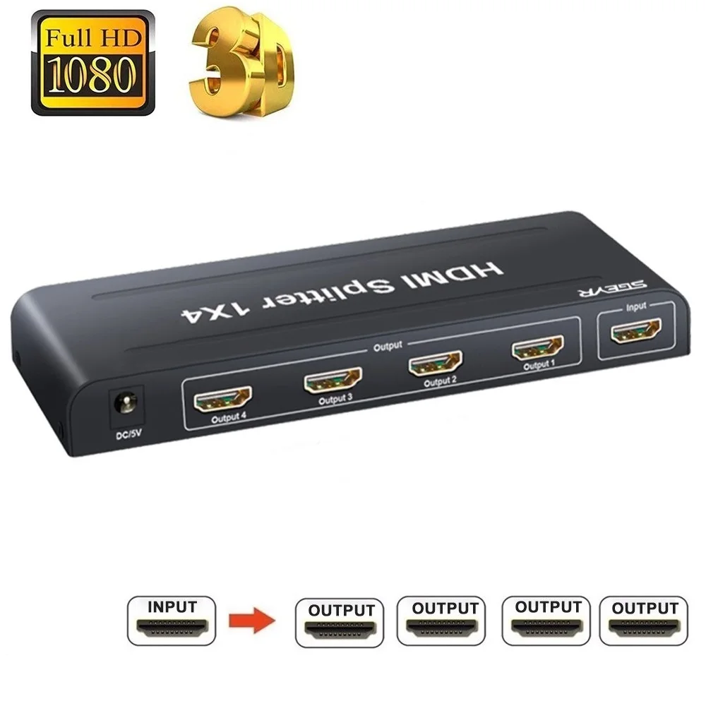1x4 HDMI сплиттер 1 в 4 Выход с питанием Full HD 1080P (один Вход до четырех выходов) источник