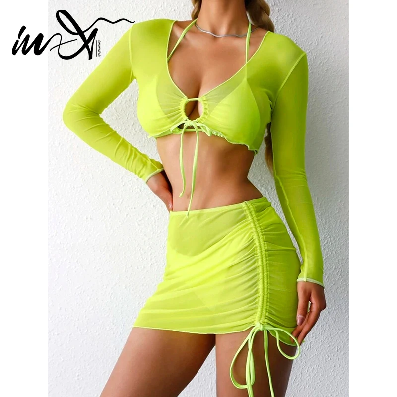 

In-X long sleeve bikinis sexy halter swimsuit women skirt triangle swimwear conjunto biquinis feminino trajes de baño mujer 2022