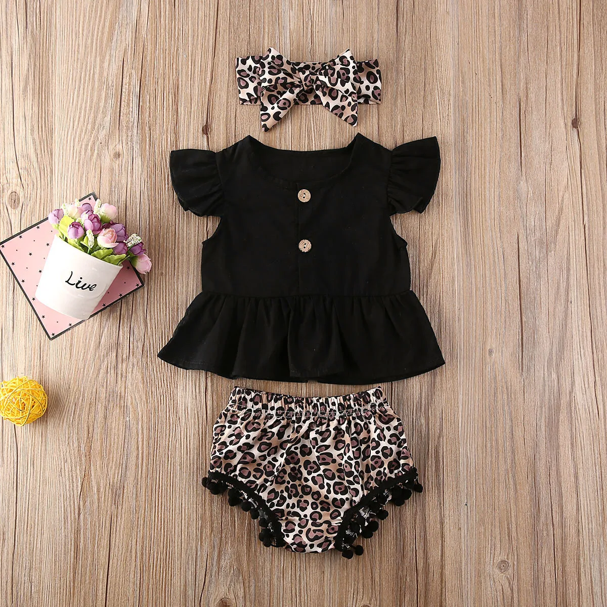 

Newborn Infant Baby Girls Summer Clothing 3Pcs Clothes Dress Shirt Tops + Tassels Balls Leopard Short Headband Clothes set