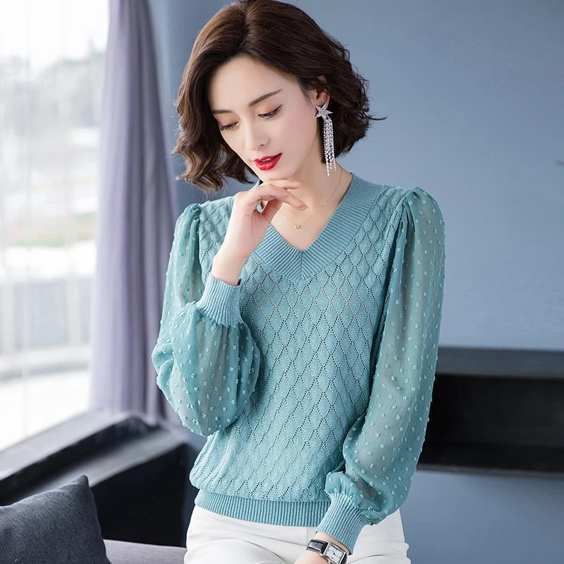 

Elegant Knitting V-Neck Lantern Sleeve Hollow Out Top Women Fashion Loose Sexy Sweater Ladies Chic Large Size Casual base Top