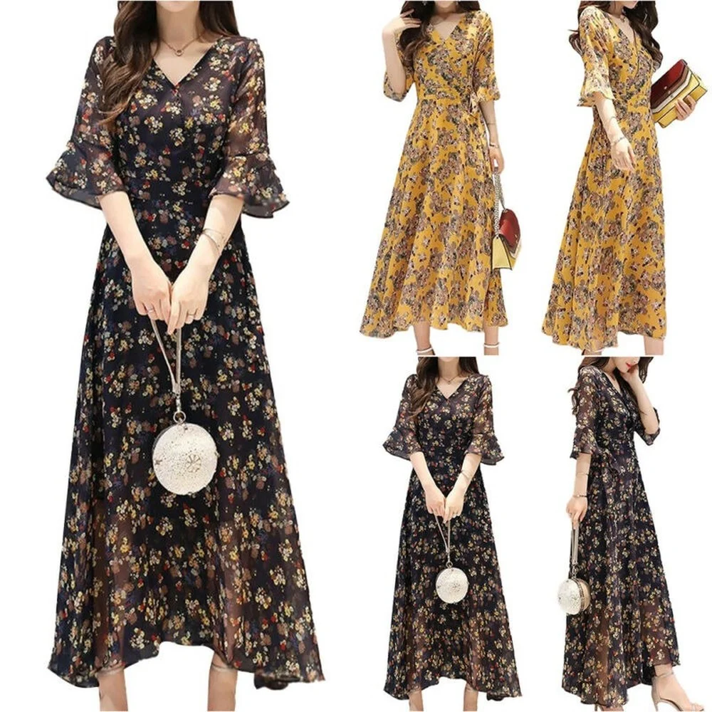 

Women Floral Short Sleeve V-Neck Long Dresses Ladies Summer Holiday Casual Dress