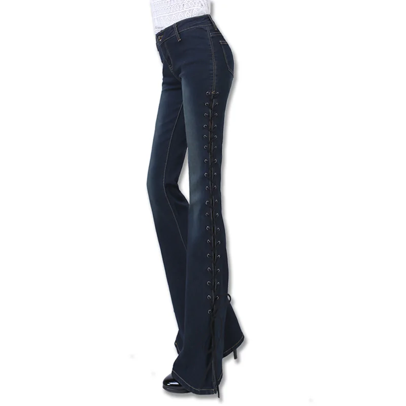 

Women Destoryed Flare Jeans Elastic Waist Bell Bottom Raw Hem Denim Pants Fashion Designer Slim Split Side Skinny Trousers