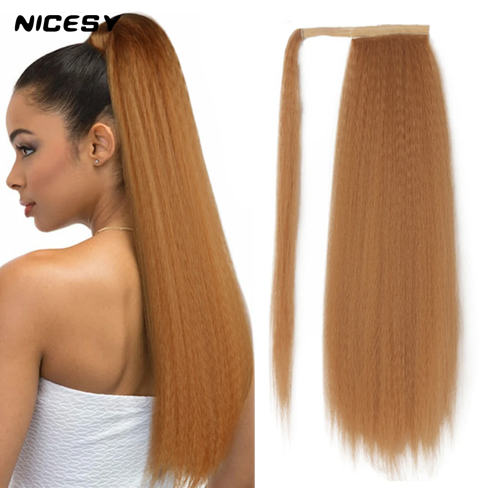 

NICESY Synthetic Long Kinky Straight Long Hair Extension Clip 24in Magic Paste Resistant Wrap Around Hairpieces Yaki Ponytail