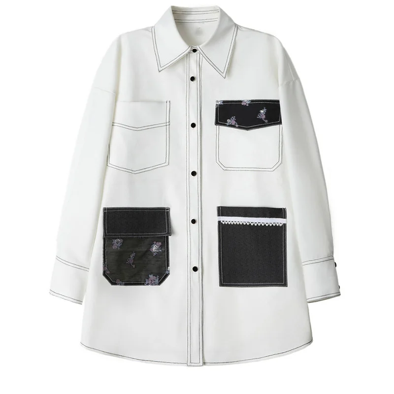 

LANMREM Women Bright Line Contrast White Big Size Blouse New Lapel Long Sleeve Loose Fit Shirt Fashion Spring Summer 2021 2E1174