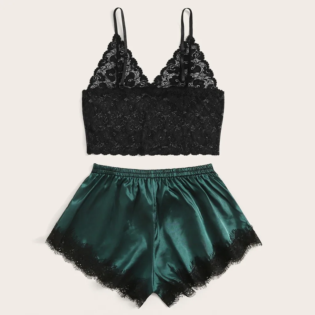 

Women Lace satin shorts pajamas set Sexy Floral Lace Bralette Bowknot Shorts Sleepwear Pajamas Sleepwear Lace suspender top LY5