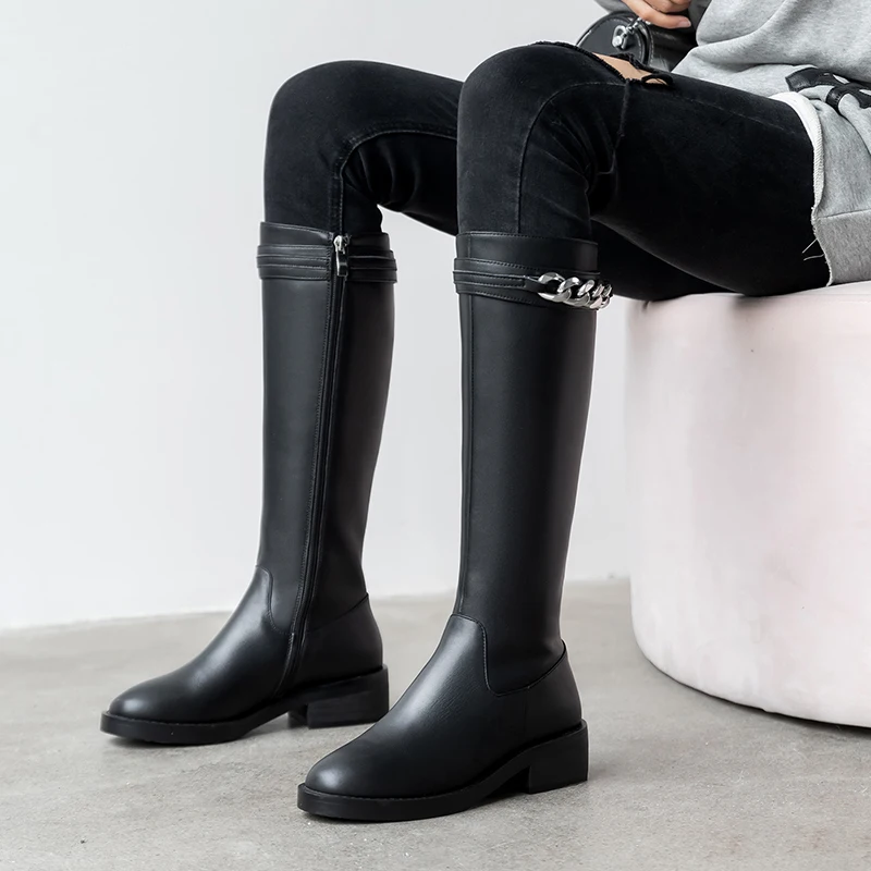 

Genuine leather chain Decoration knee High Boots Women Party Night Club Shoes Woman Autumn Winter Warm ladies boots