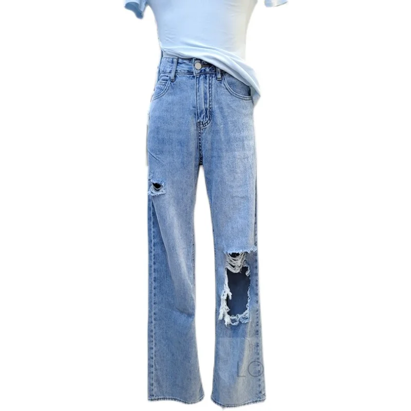 

2021 Spring Summer New Holed Jeans Women's High Waist Pants Straight Casual Retro Slimming Denim Pants Female Ripped Jeans