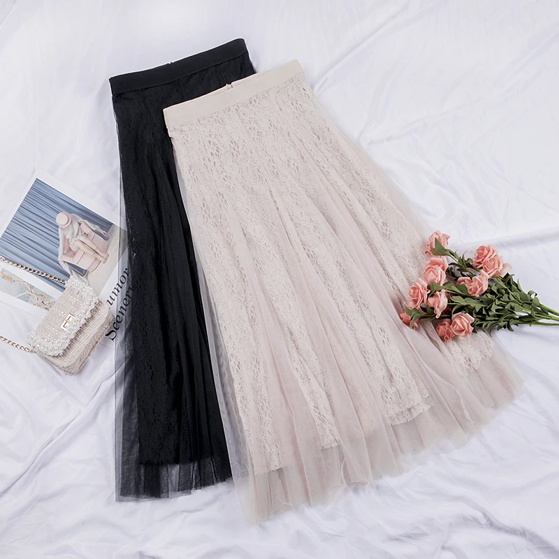 

Elastic High Waist Lace Skirts Womens Spring Autumn 2021 New Korean Elegant Casual A-line Black Long Skirt Female Apricot
