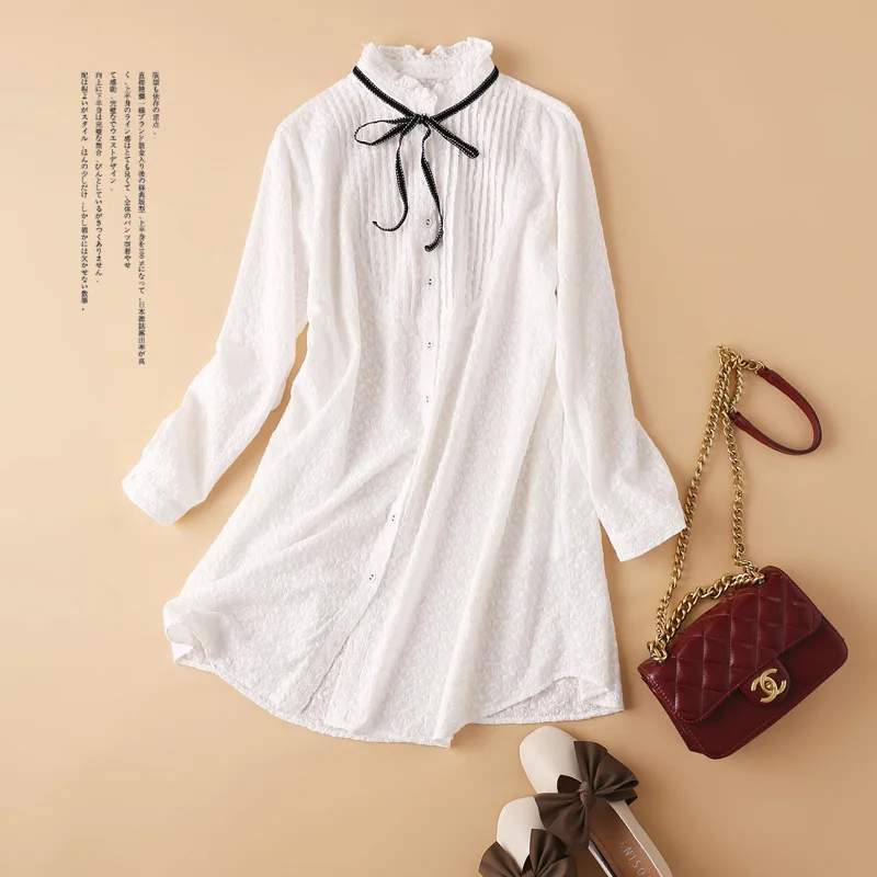 Женская хлопковая рубашка с длинным воротником-стойкой и вышивкой, винтажные однотонные блузы, элегантные белые женские повседневные топы от AliExpress RU&CIS NEW