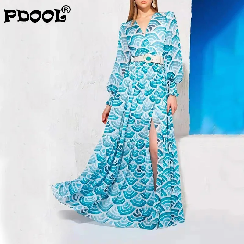 

Платье для девочек синего цвета с элегантное платье для женщин с v-образным вырезом с длинными рукавами-фонариками, высокая талия пояса тонк...