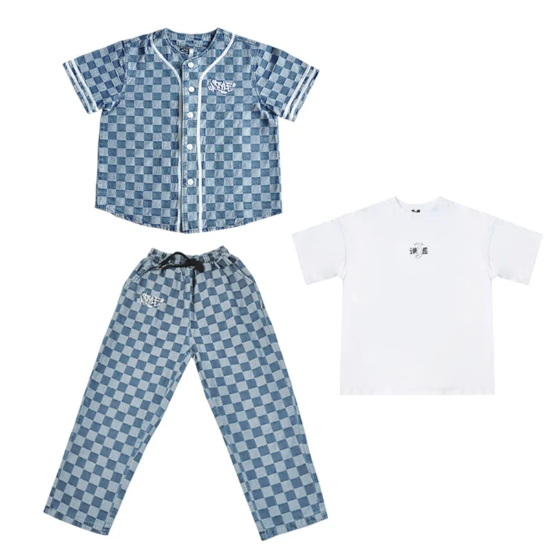 

Jazz Costumes Children'S Summer Street Dance Outfit Lattice Denim Suit Boys Girls Hip Hop Performance Tide Clothing Kids DN5896