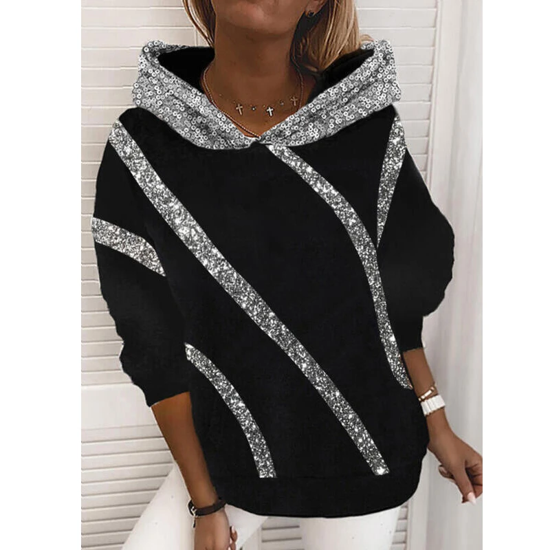 

Fashion 3D Sequin printing Line Women Long Sleeve Loose Hooded Top Sweatshirt Casual Plus Size S-2XL New Spring Autumn Winter