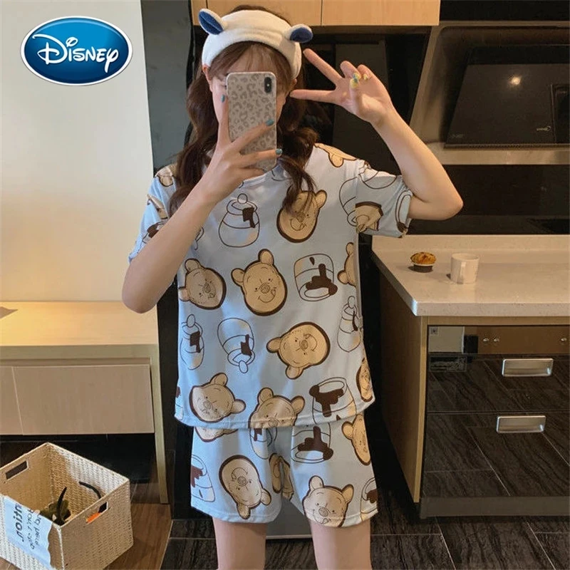 

Disney Summer Pajamas Women Cartoon Bear Mickey Print Student Thin Short-Sleeved Cute Shorts Two-Piece Suit Home Cloth Pajamas