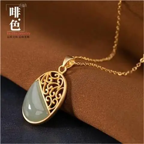 

Newsilver inlaid natural Hetian Sapphire Pendant Necklace Chinese national retro palace style hollowed out charm women's jewelry