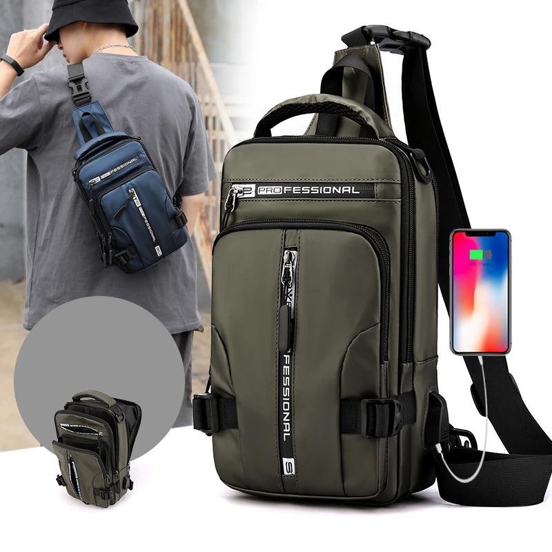 Multifunction Crossbody Bag Mens USB Charging Chest Pack Short Trip Messengers Chest Bag Waterproof Large Capacity Shoulder Bag