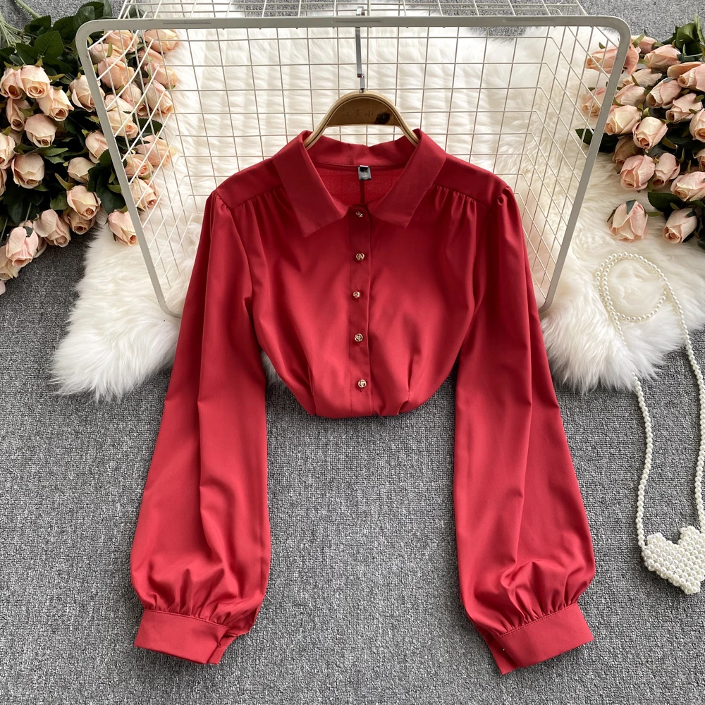 

Женская однотонная короткая блузка B672, модная Осенняя однобортная элегантная офисная рубашка с длинным рукавом