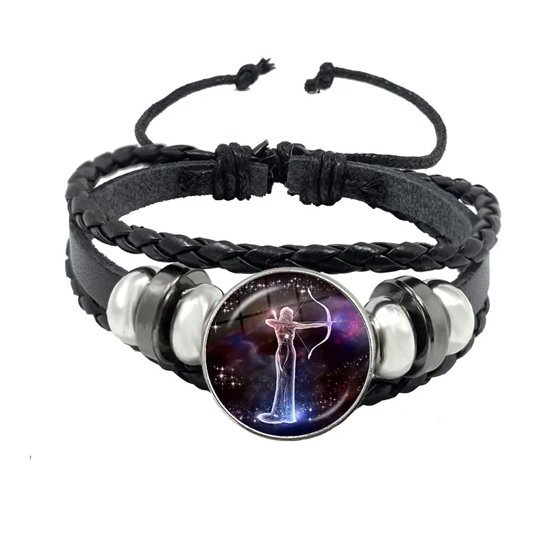 12 созвездий кожаный браслет Знаки зодиака ручной работы стеклянный кабошон