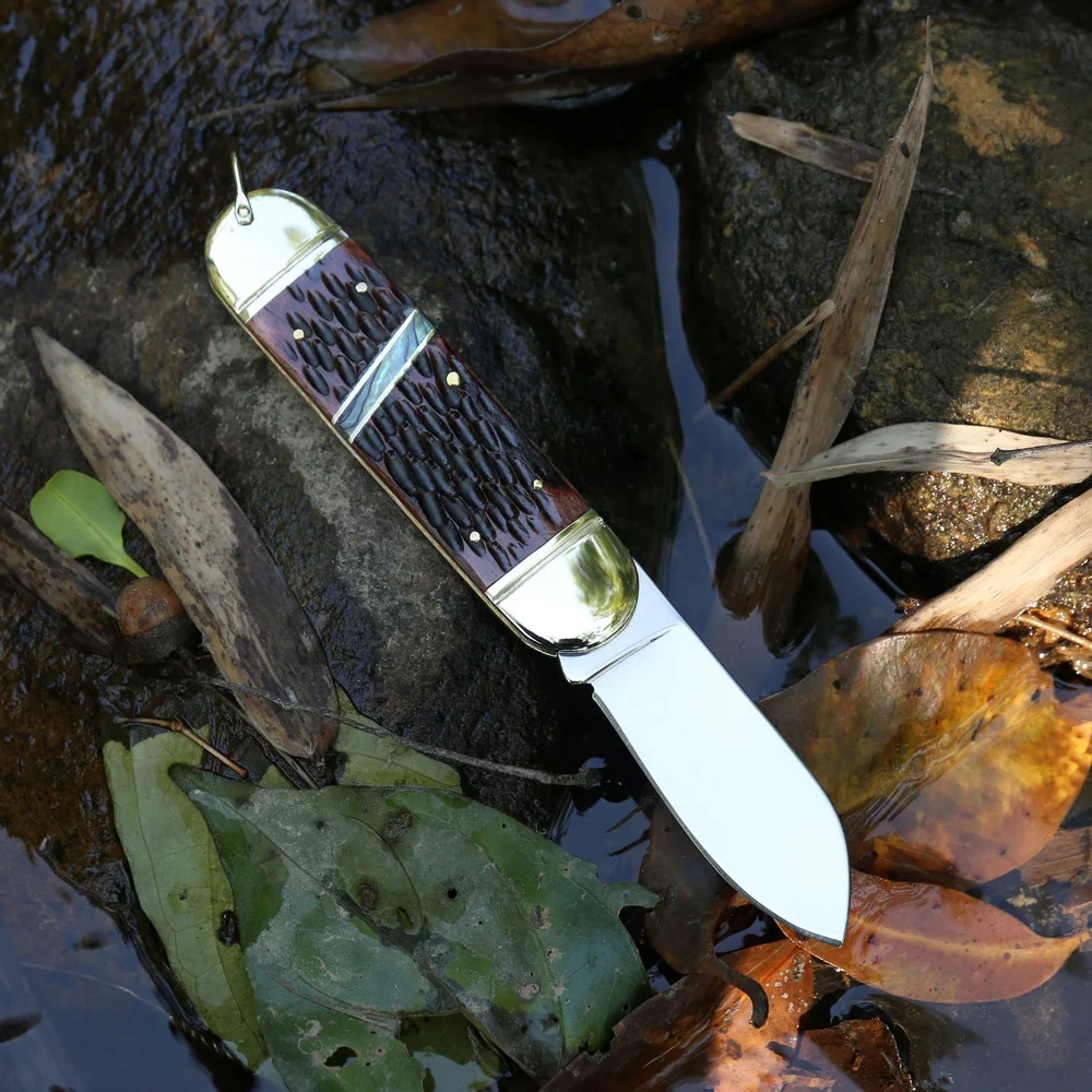 4116 Стальное зеркальное лезвие складного ножа Sunfish с костяной рукояткой, покрытой кожей + латунная рукоятка для активного отдыха, охоты и кемпинга - набор ножей для использования в повседневных целях.