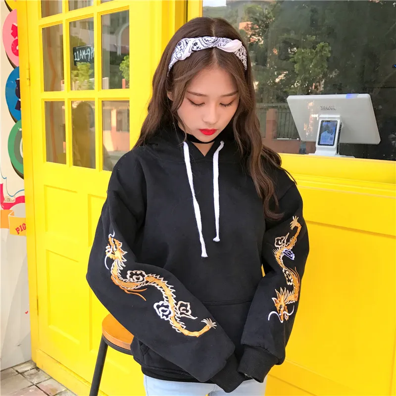 Уличная Толстовка для женщин и мужчин китайский дракон вышивка модная Harajuku