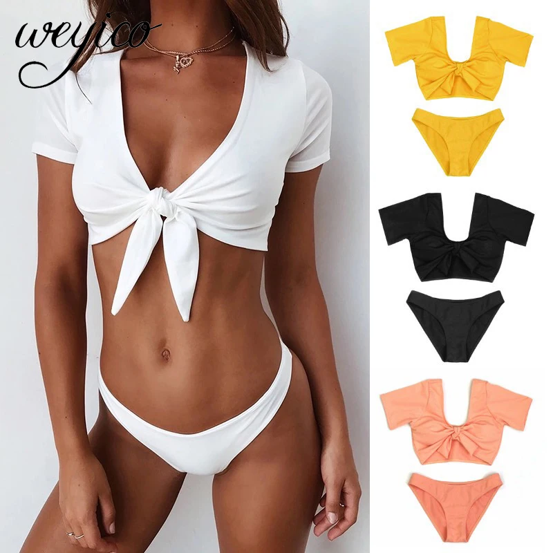 Сексуальный женский комплект бикини с v образным вырезом короткий рукав