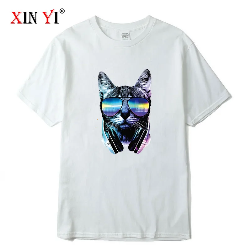XIN YI Men's T-shirt High Quality 100% Cotton Short Sleeve T-Shirt DJ cat printing o-neck t-shirt casual hip hop for men | Мужская