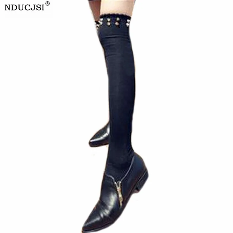 NDUCJSI женские чулки модные панк металлические шипы заклепки ноги черные теплые