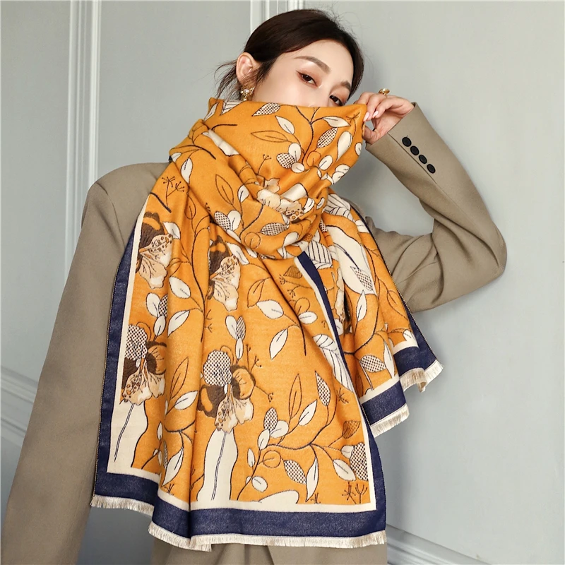 

Winter Cashmere Scarf Women Warm Floral Printed Air-conditioning Decoration Thick Shawl Long Wrap 2022 Blanket Pashmina