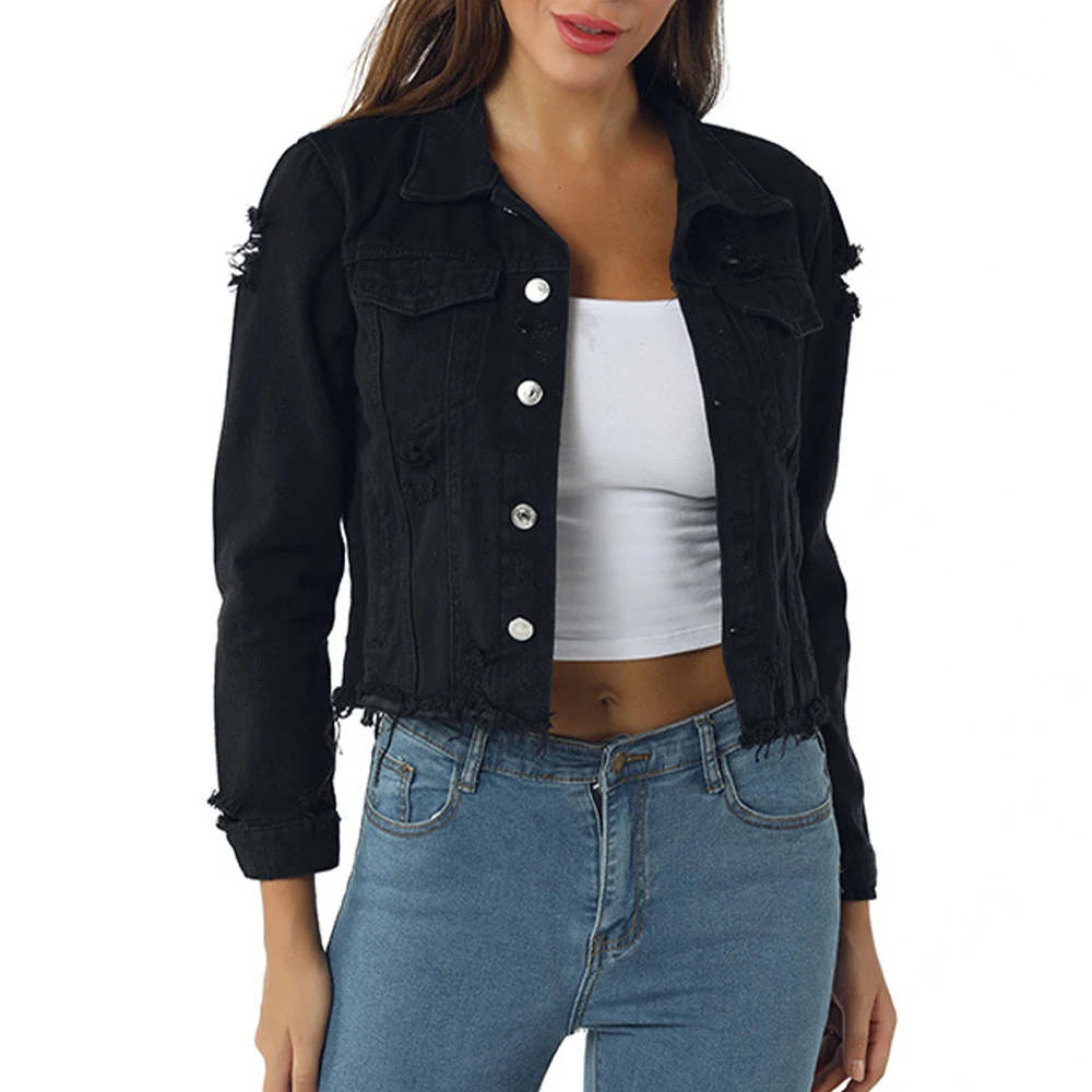 

Черные джинсовые пальто, модные женские Топы с длинным рукавом, повседневные джинсовые куртки, однобортная приталенная короткая верхняя од...
